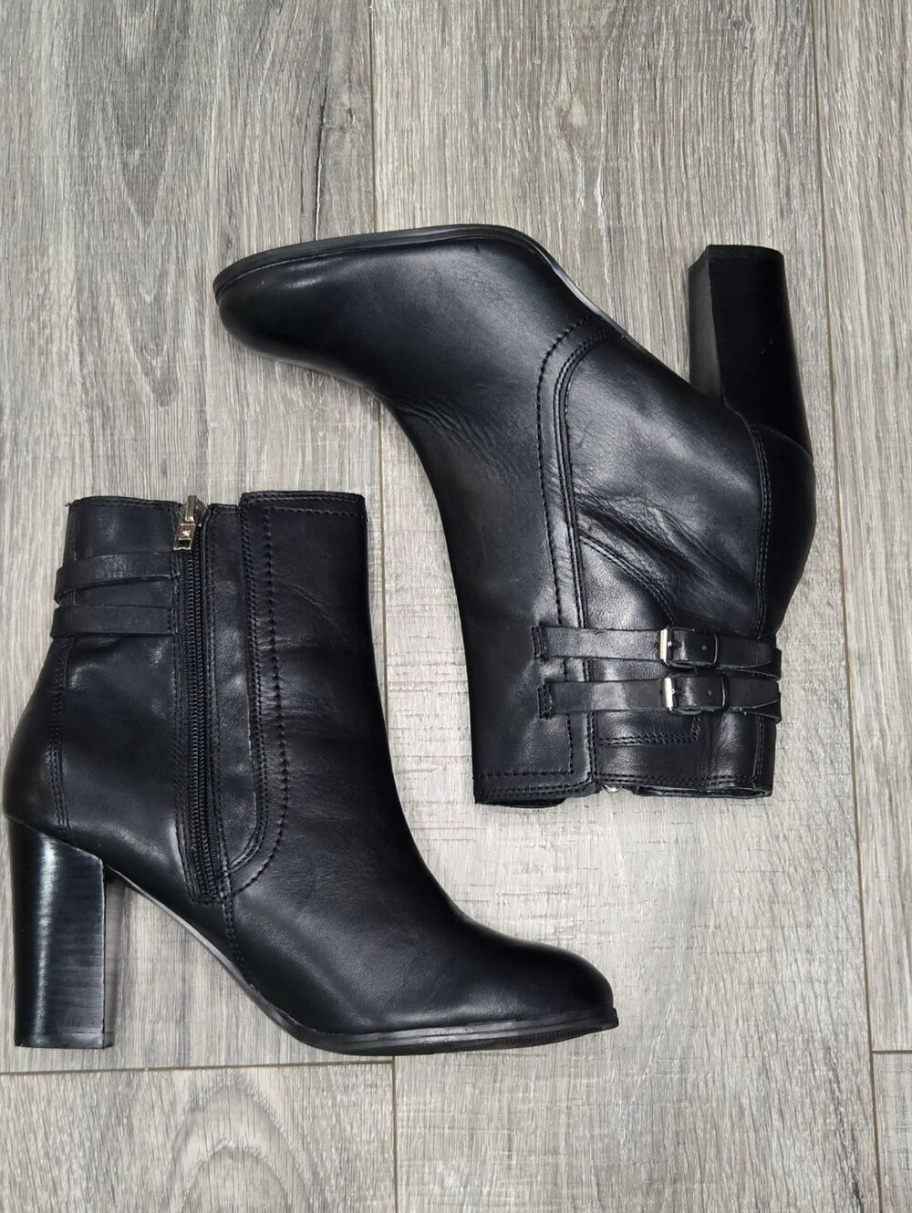 Marc Fisher Mekatte Black Leather Double Buckle Block Heel Ankle Boots 8.5